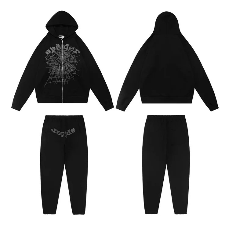 Foam spider web letter-print loose-fitting cardigan with hood, casual pants set for men